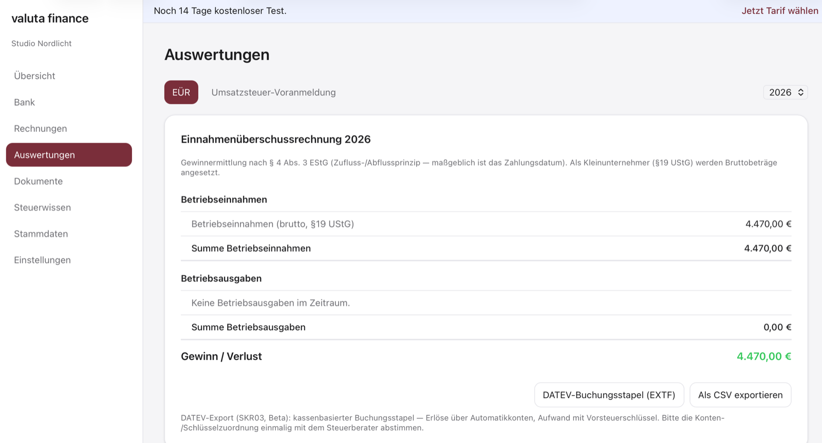 Automatisch erstellte Einnahmenüberschussrechnung (EÜR) in valuta finance