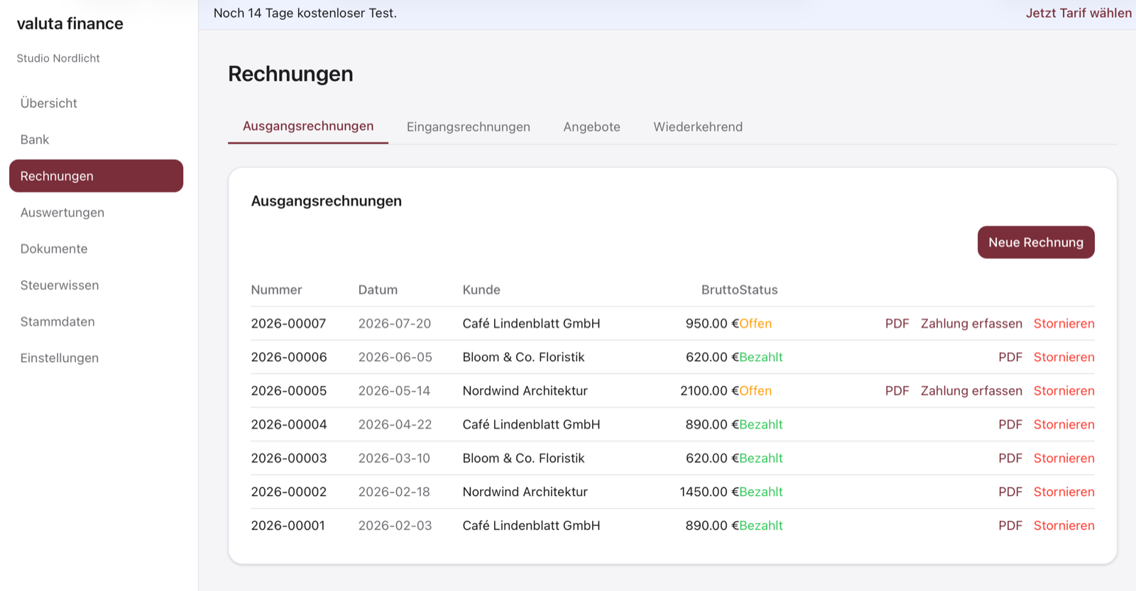 Rechnungsliste in valuta finance mit Status offen/bezahlt